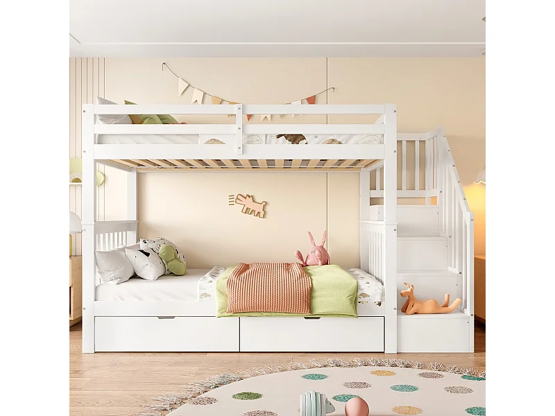 Lit superposé 90x200 cm blanc avec escalier à étagères, deux tiroirs, garde-corps haut, certifié EN747-1, structure robuste