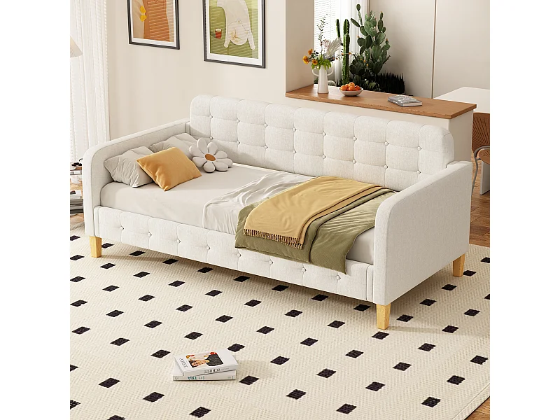 Lit banquette 90x200 cm beige, capitonnage à boutons, design sobre et confortable, idéal chambre d’amis