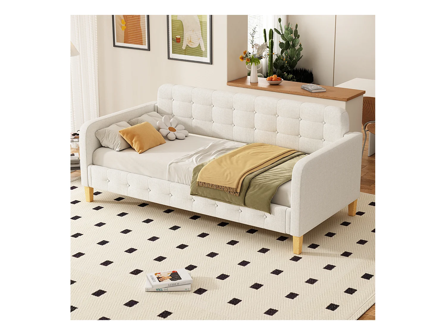 Lit banquette 90x200 cm beige, capitonnage à boutons, design sobre et confortable, idéal chambre d’amis