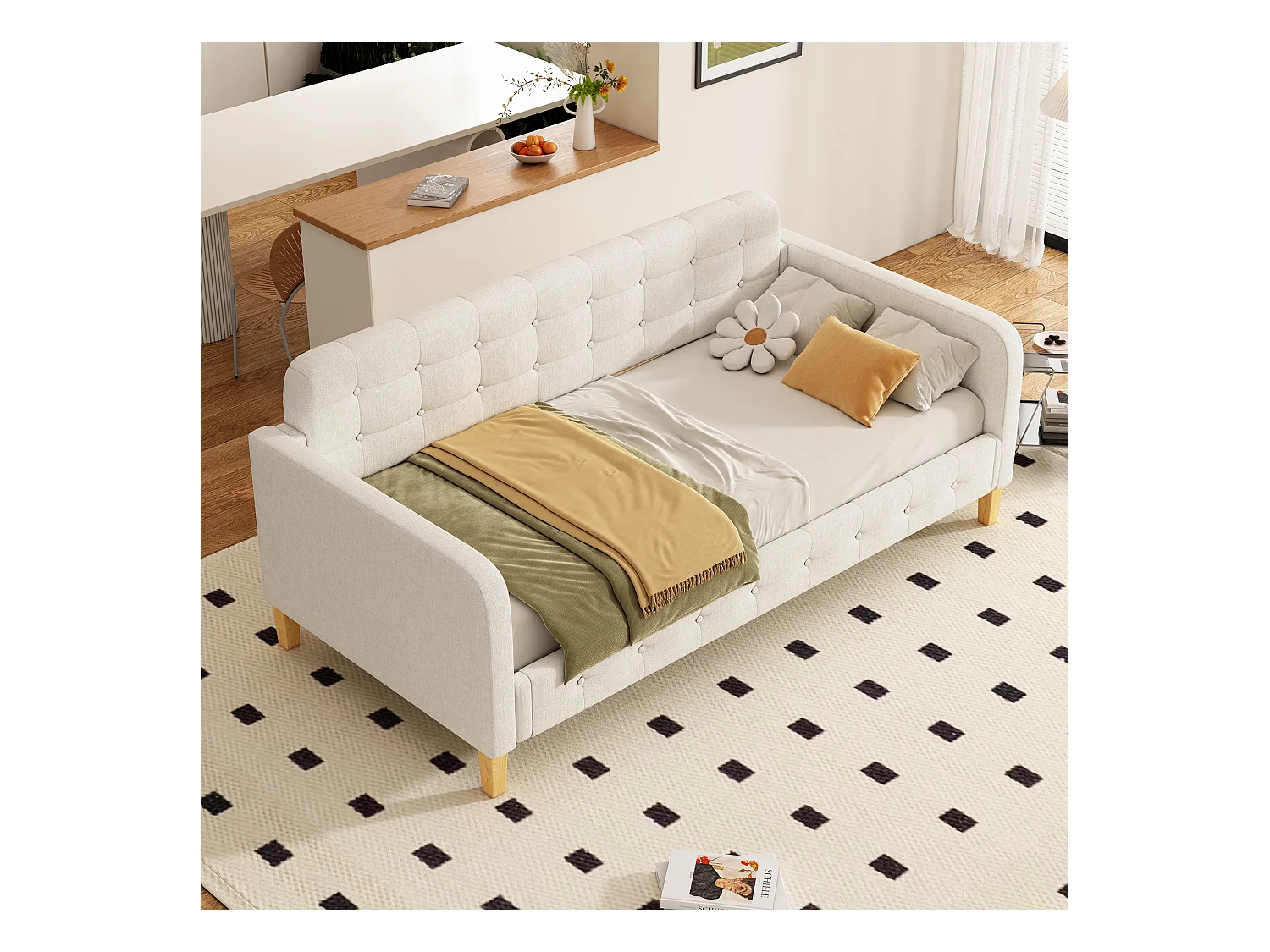 Lit banquette 90x200 cm beige, capitonnage à boutons, design sobre et confortable, idéal chambre d’amis