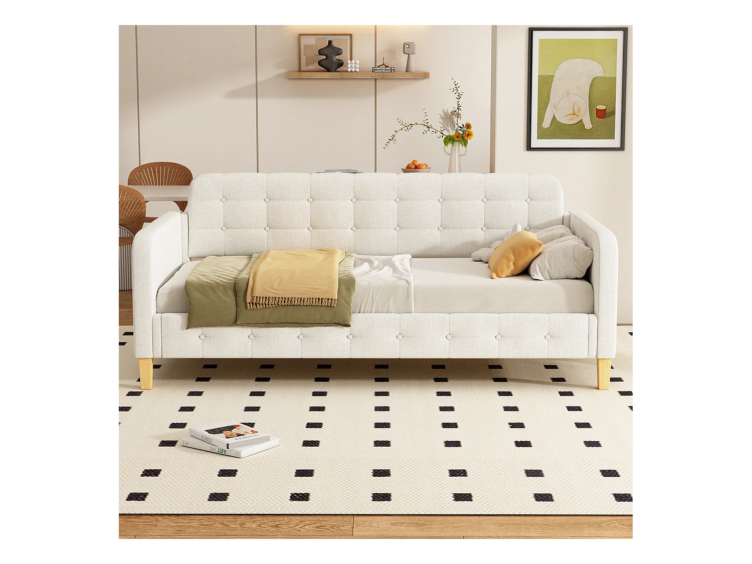 Lit banquette 90x200 cm beige, capitonnage à boutons, design sobre et confortable, idéal chambre d’amis