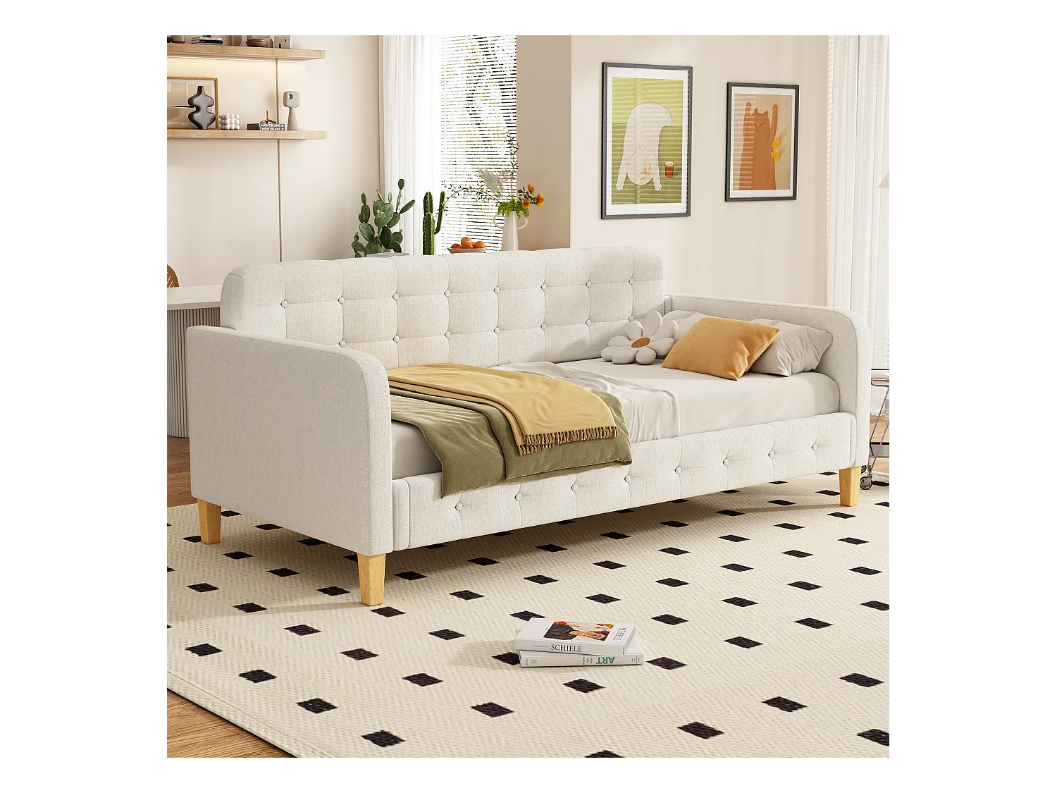 Lit banquette 90x200 cm beige, capitonnage à boutons, design sobre et confortable, idéal chambre d’amis