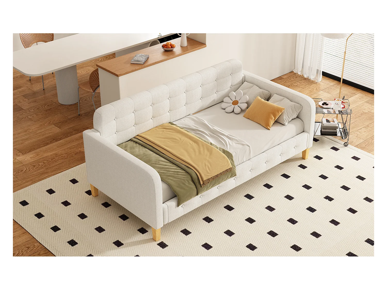 Lit banquette 90x200 cm beige, capitonnage à boutons, design sobre et confortable, idéal chambre d’amis