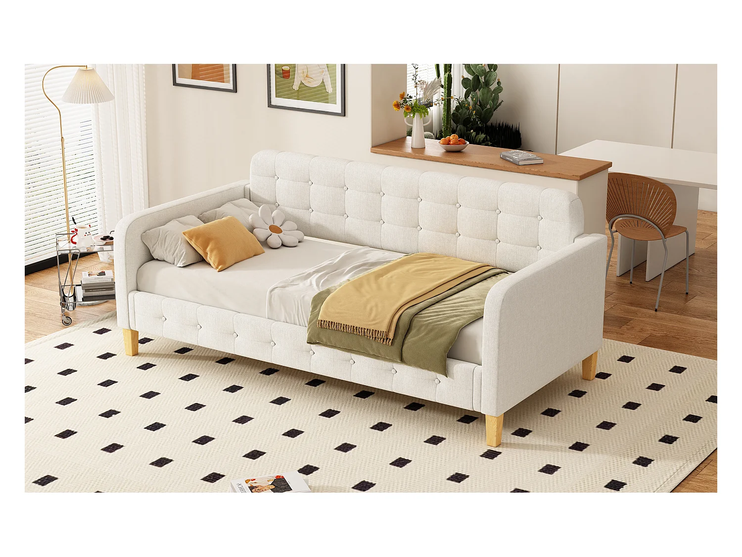 Lit banquette 90x200 cm beige, capitonnage à boutons, design sobre et confortable, idéal chambre d’amis