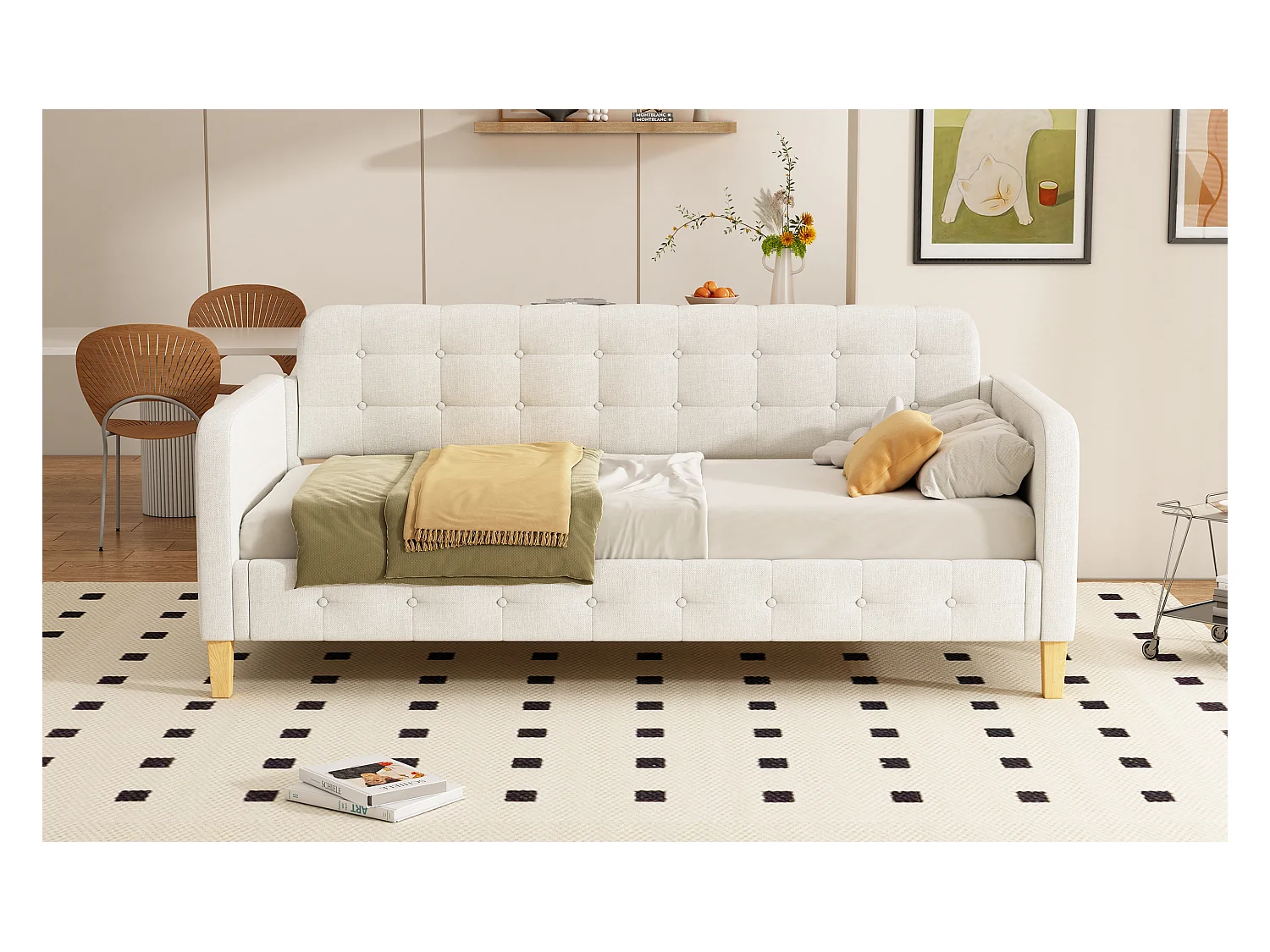 Lit banquette 90x200 cm beige, capitonnage à boutons, design sobre et confortable, idéal chambre d’amis