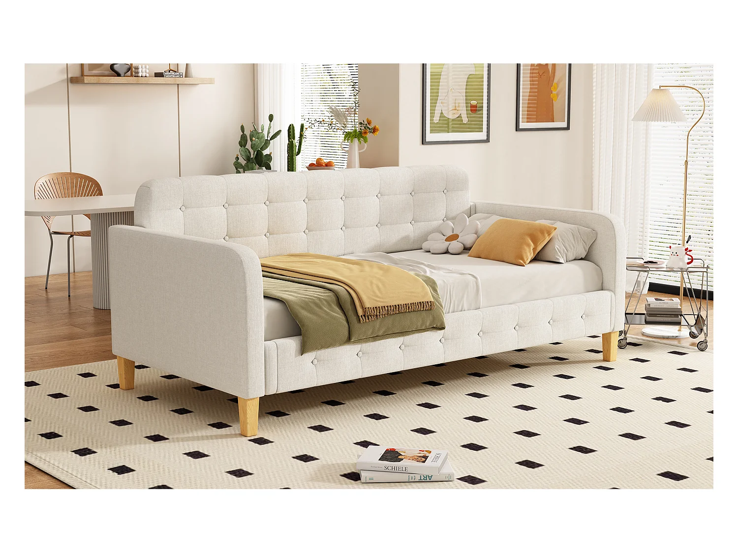 Lit banquette 90x200 cm beige, capitonnage à boutons, design sobre et confortable, idéal chambre d’amis