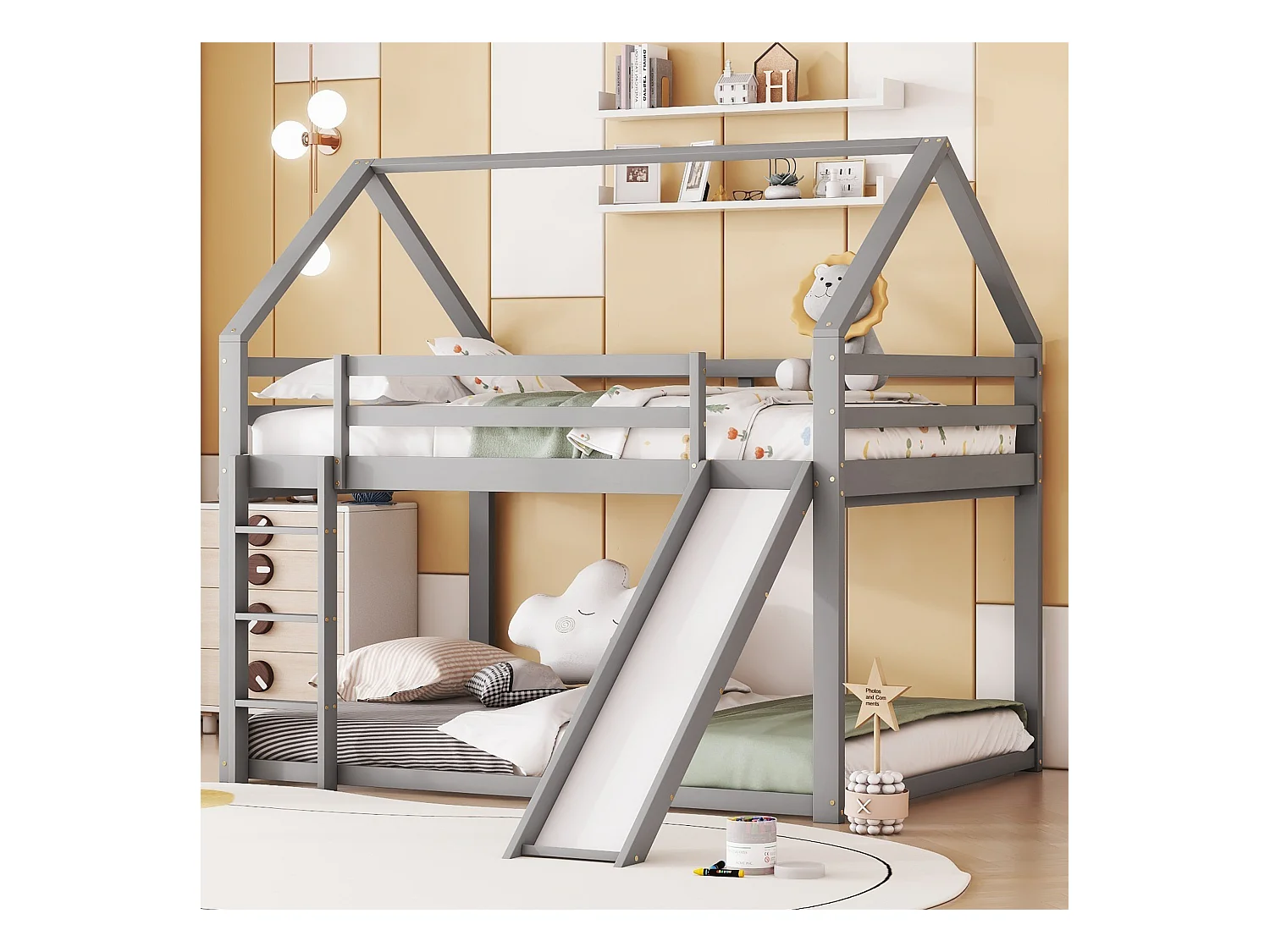 Lit cabane superposé 140x200 cm gris avec toboggan et échelle, lit double enfant pour chambre ludique
