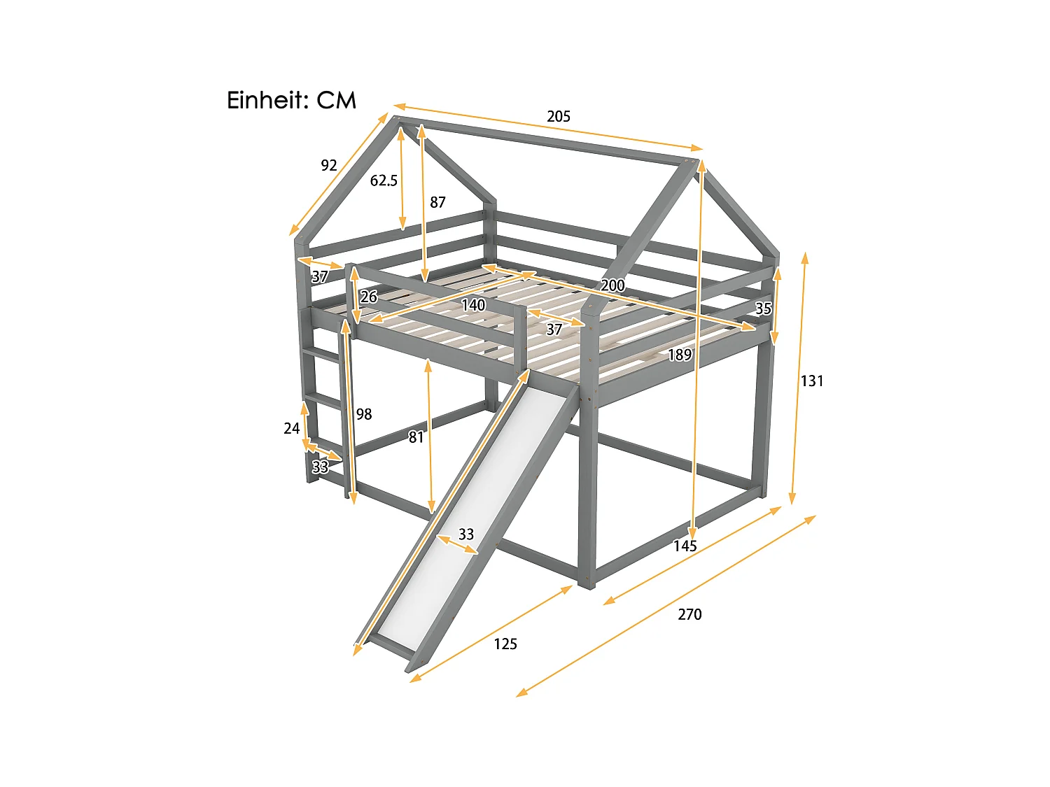 Lit cabane superposé 140x200 cm gris avec toboggan et échelle, lit double enfant pour chambre ludique