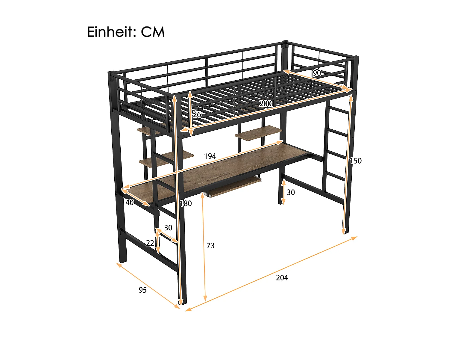 Lit mezzanine 90x200 cm, structure métal avec bureau et deux étagères, pour enfants, adolescents et adultes, Noir
