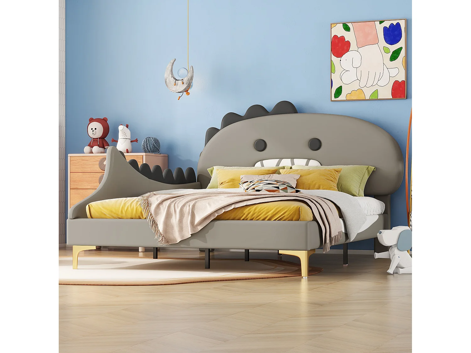 Lit enfant 140x200 cm, lit plat dinosaure cartoon, cadre PU, Gris, LED et espace de rangement