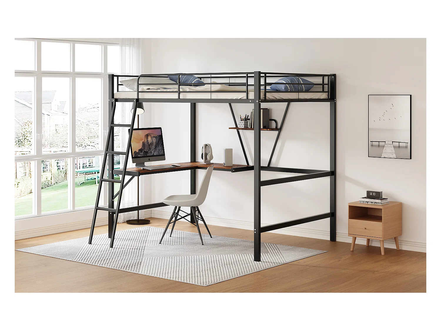 Lit mezzanine 90x200 cm noir en métal avec bureau en L et étagère intégrée, adapté enfants, ados et adultes