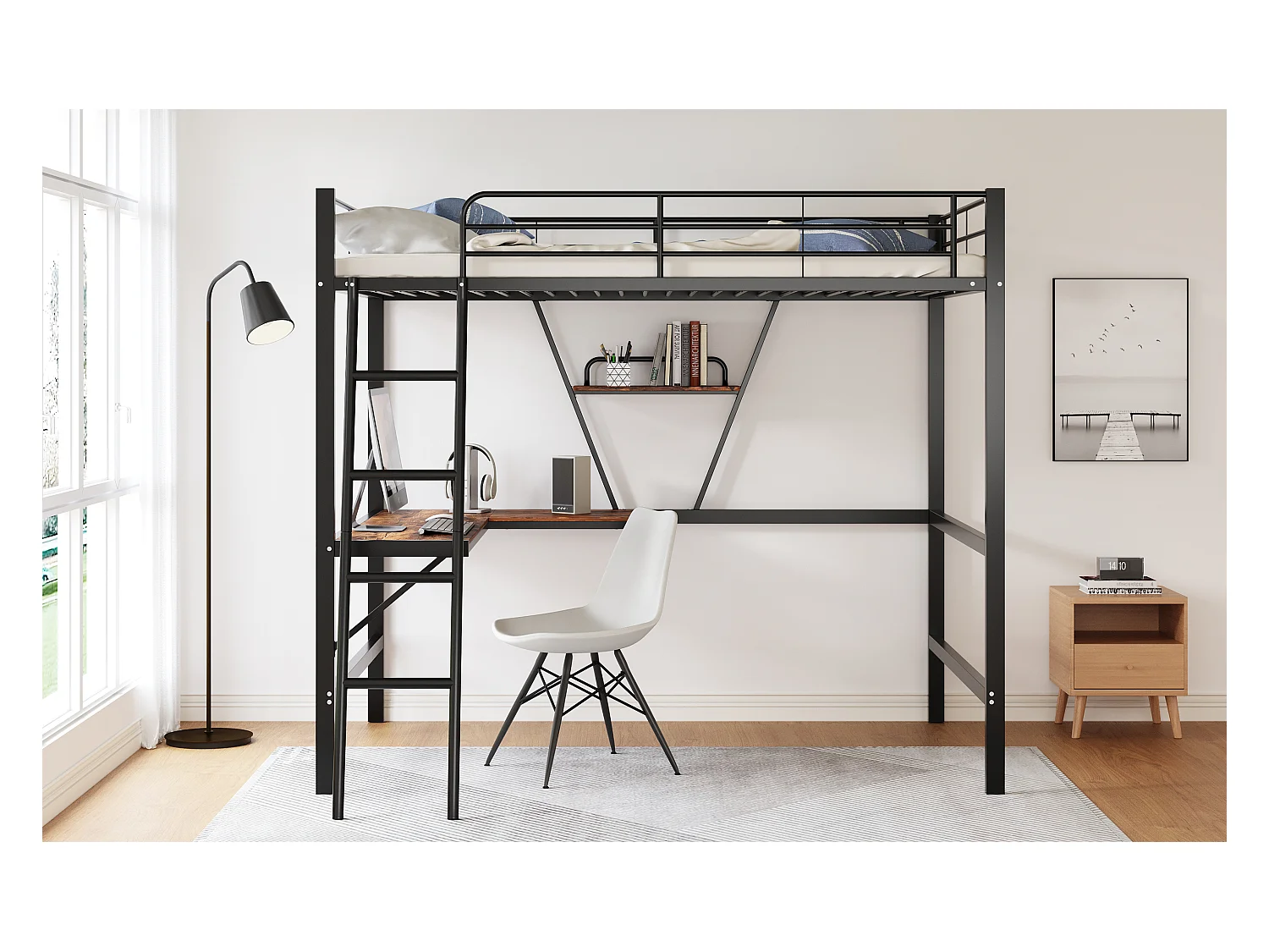 Lit mezzanine 90x200 cm noir en métal avec bureau en L et étagère intégrée, adapté enfants, ados et adultes