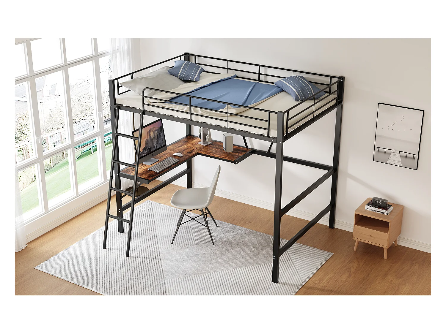 Lit mezzanine 90x200 cm noir en métal avec bureau en L et étagère intégrée, adapté enfants, ados et adultes
