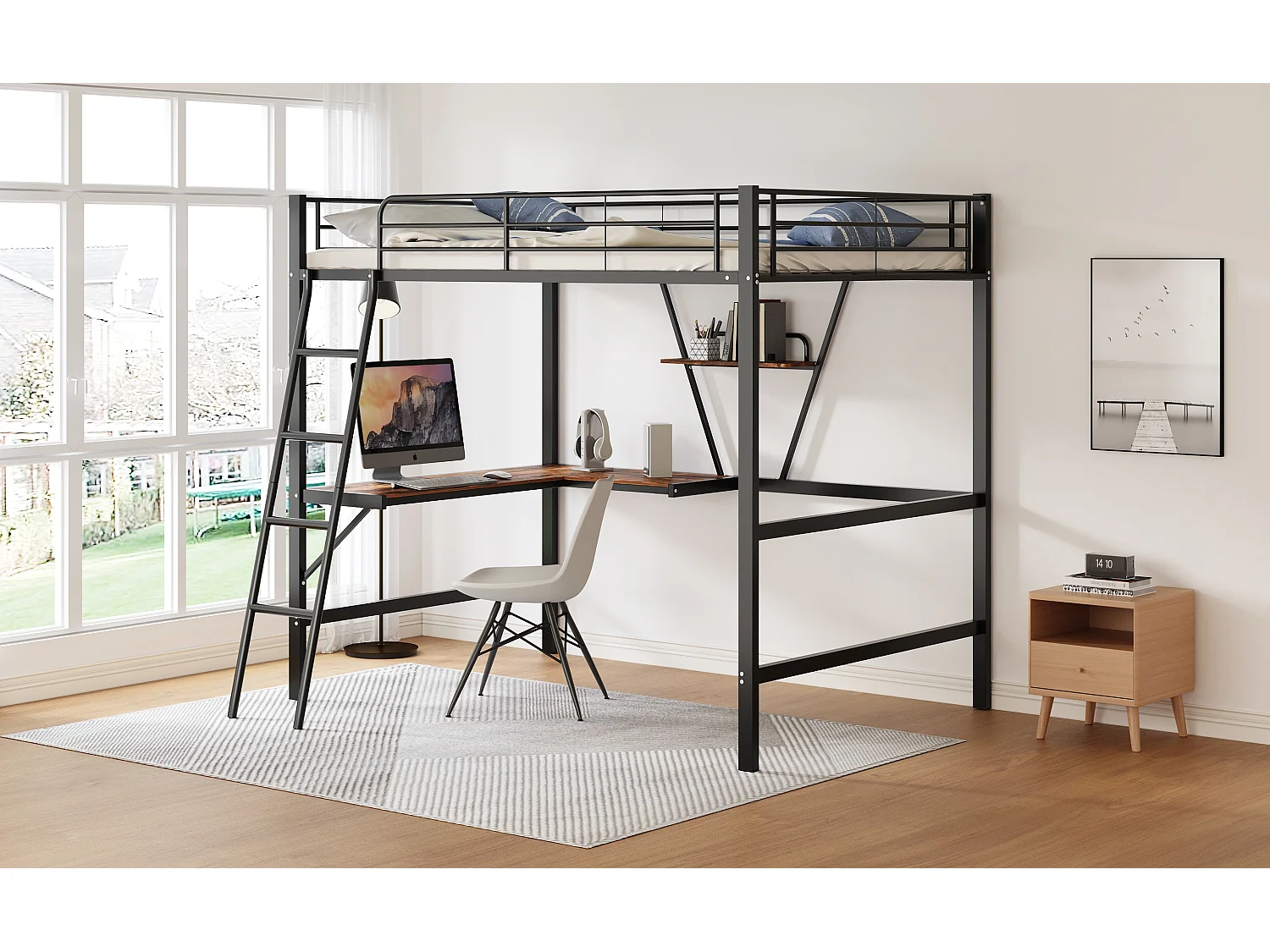 Lit mezzanine 90x200 cm noir en métal avec bureau en L et étagère intégrée, adapté enfants, ados et adultes