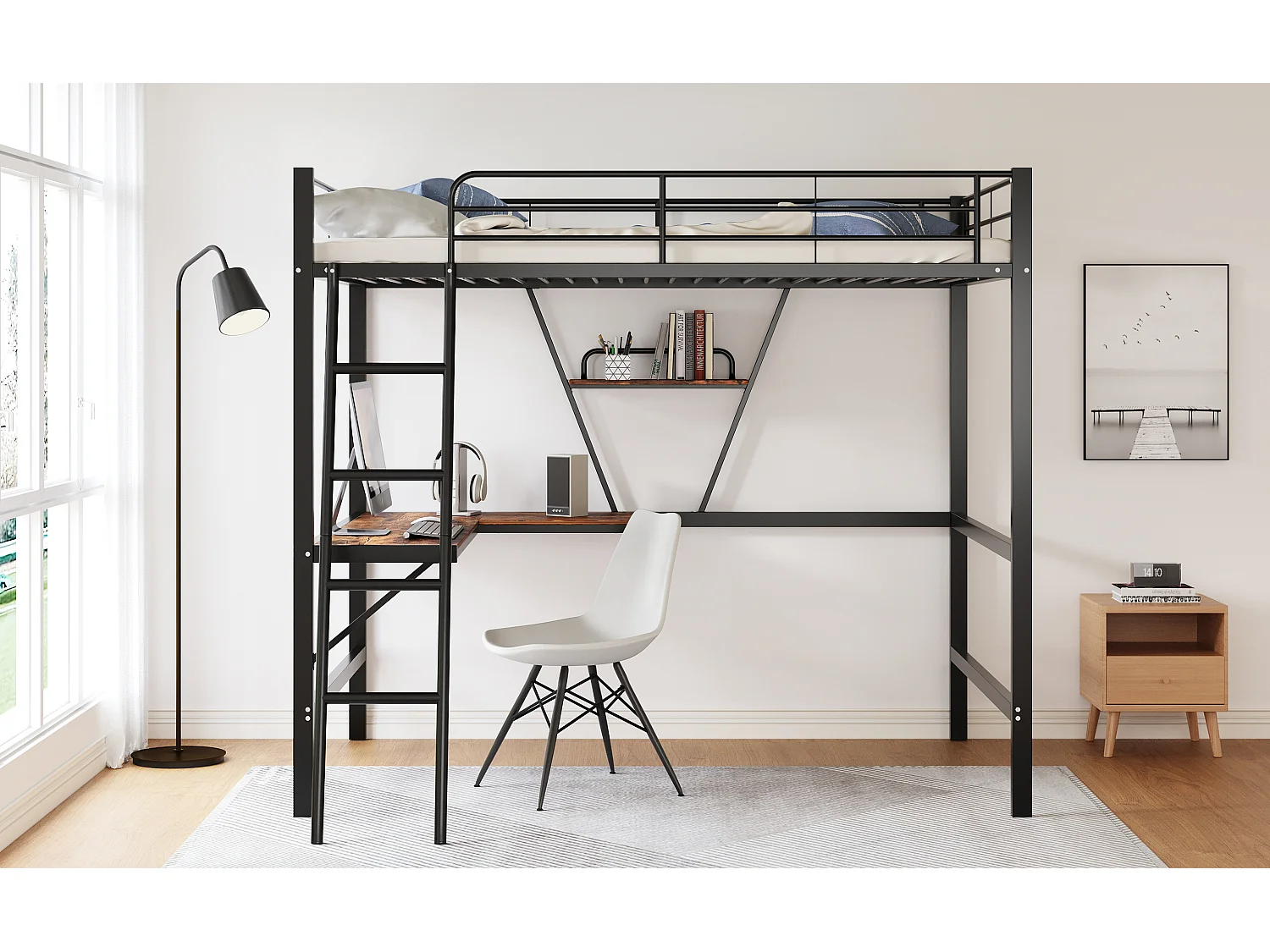 Lit mezzanine 90x200 cm noir en métal avec bureau en L et étagère intégrée, adapté enfants, ados et adultes