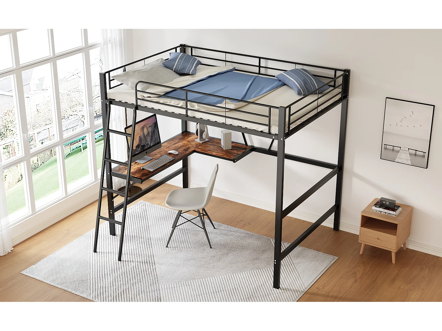 Lit mezzanine 90x200 cm noir en métal avec bureau en L et étagère intégrée, adapté enfants, ados et adultes