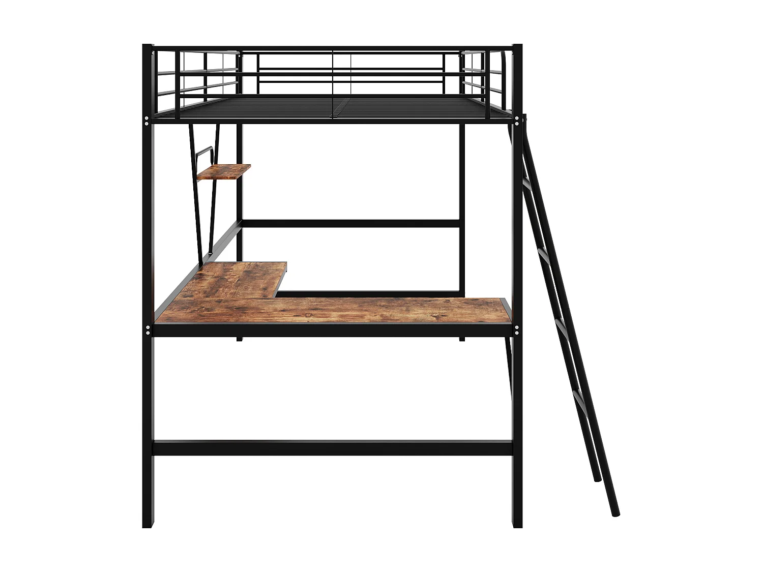 Lit mezzanine 90x200 cm noir en métal avec bureau en L et étagère intégrée, adapté enfants, ados et adultes