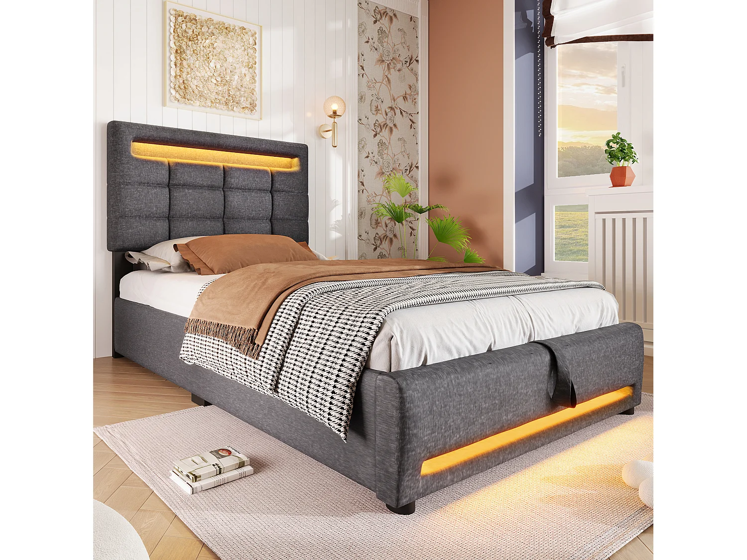 Lit rembourré 90x200 cm en lin gris avec LED, télécommande APP, port USB et rangement hydraulique intégré