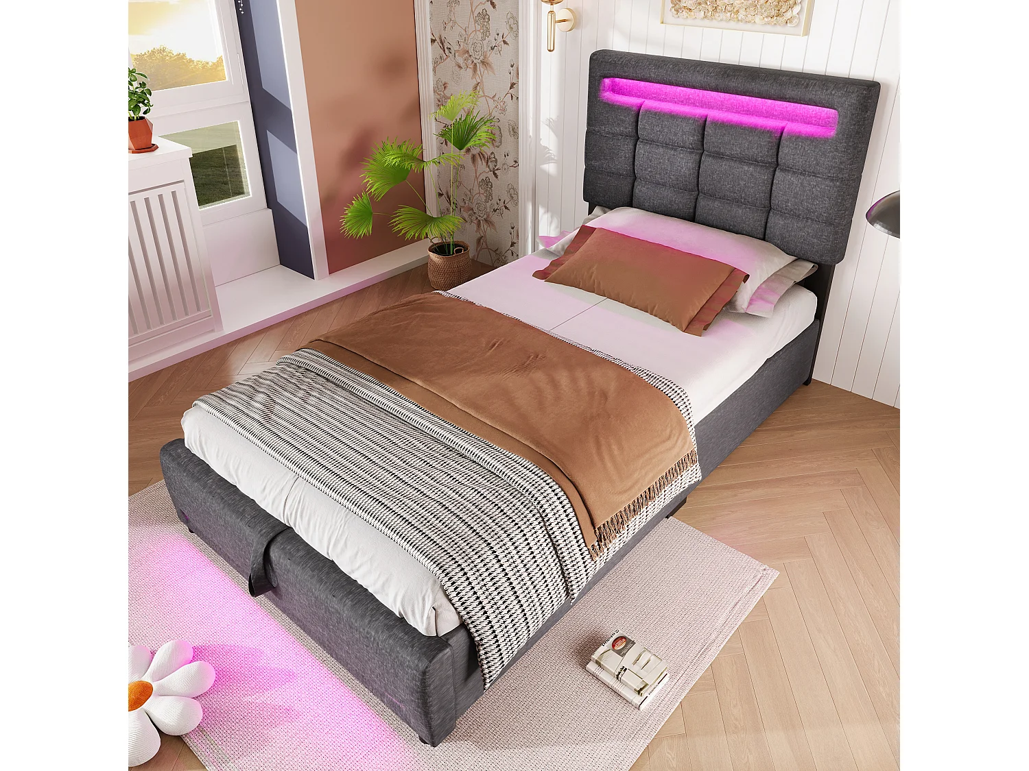 Lit rembourré 90x200 cm en lin gris avec LED, télécommande APP, port USB et rangement hydraulique intégré