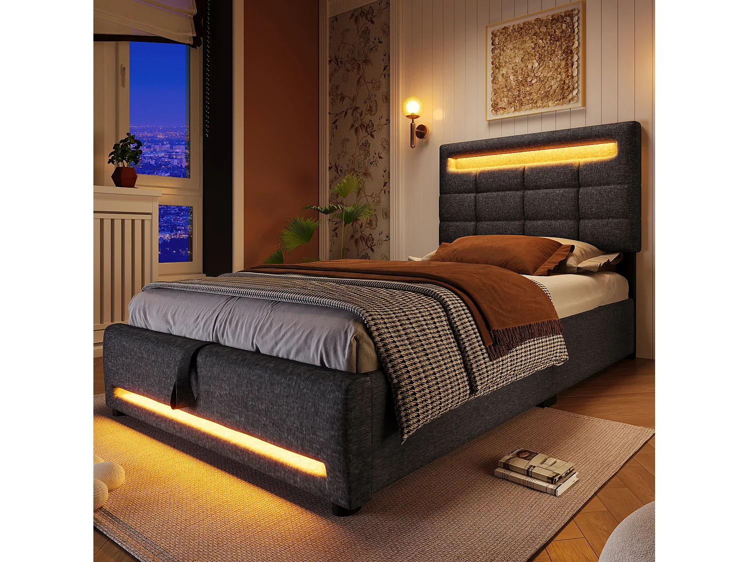 Lit rembourré 90x200 cm en lin gris avec LED, télécommande APP, port USB et rangement hydraulique intégré