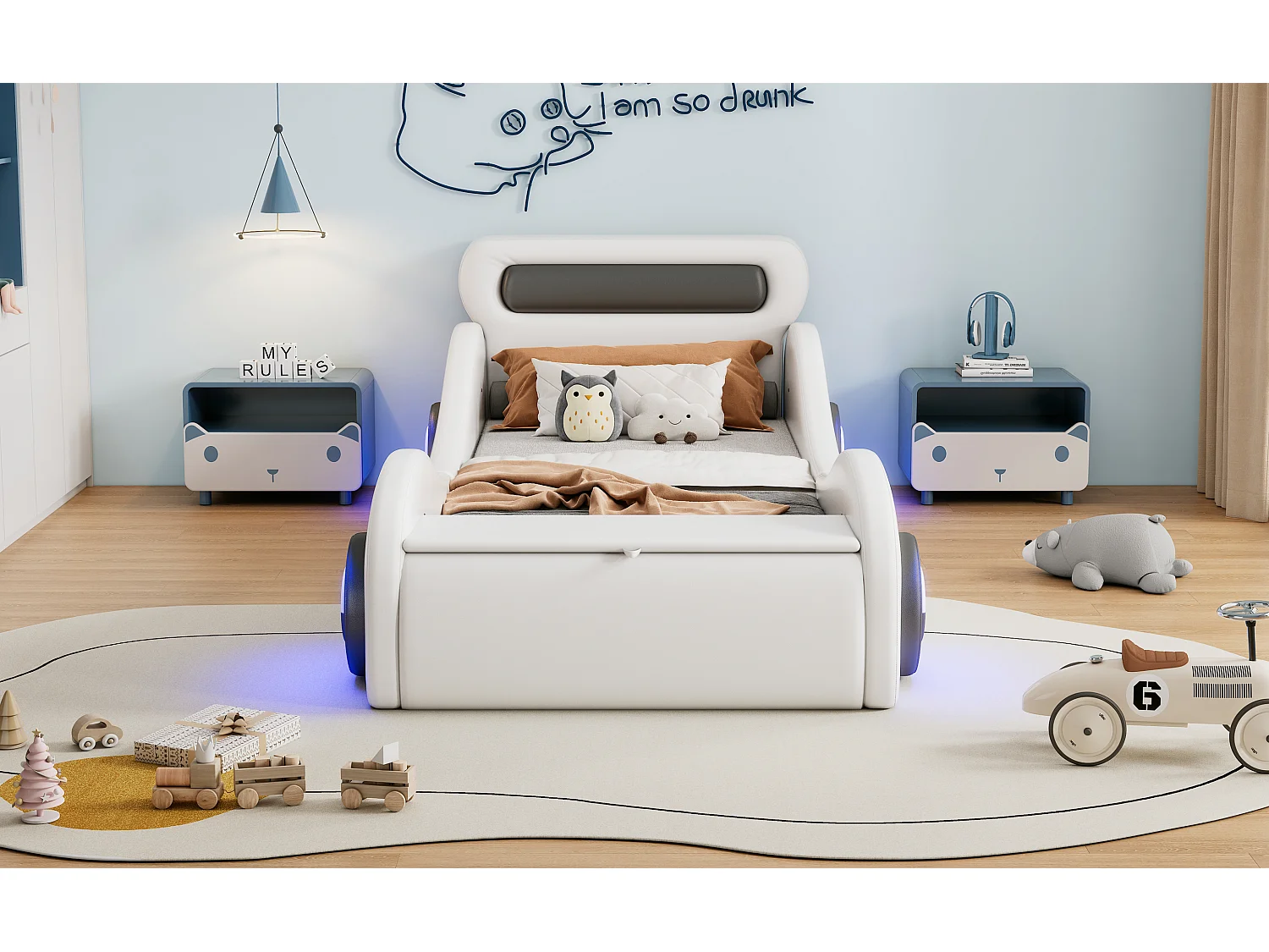 Lit voiture enfant 90x200 cm blanc en PU avec roues lumineuses et espace de rangement intégré, sans matelas
