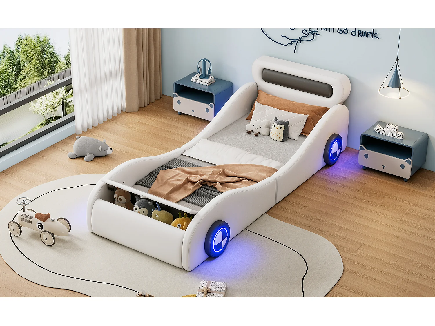 Lit voiture enfant 90x200 cm blanc en PU avec roues lumineuses et espace de rangement intégré, sans matelas