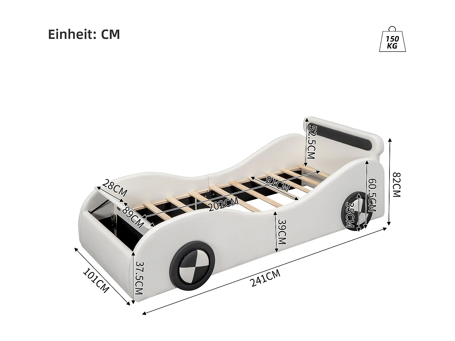 Lit voiture enfant 90x200 cm blanc en PU avec roues lumineuses et espace de rangement intégré, sans matelas