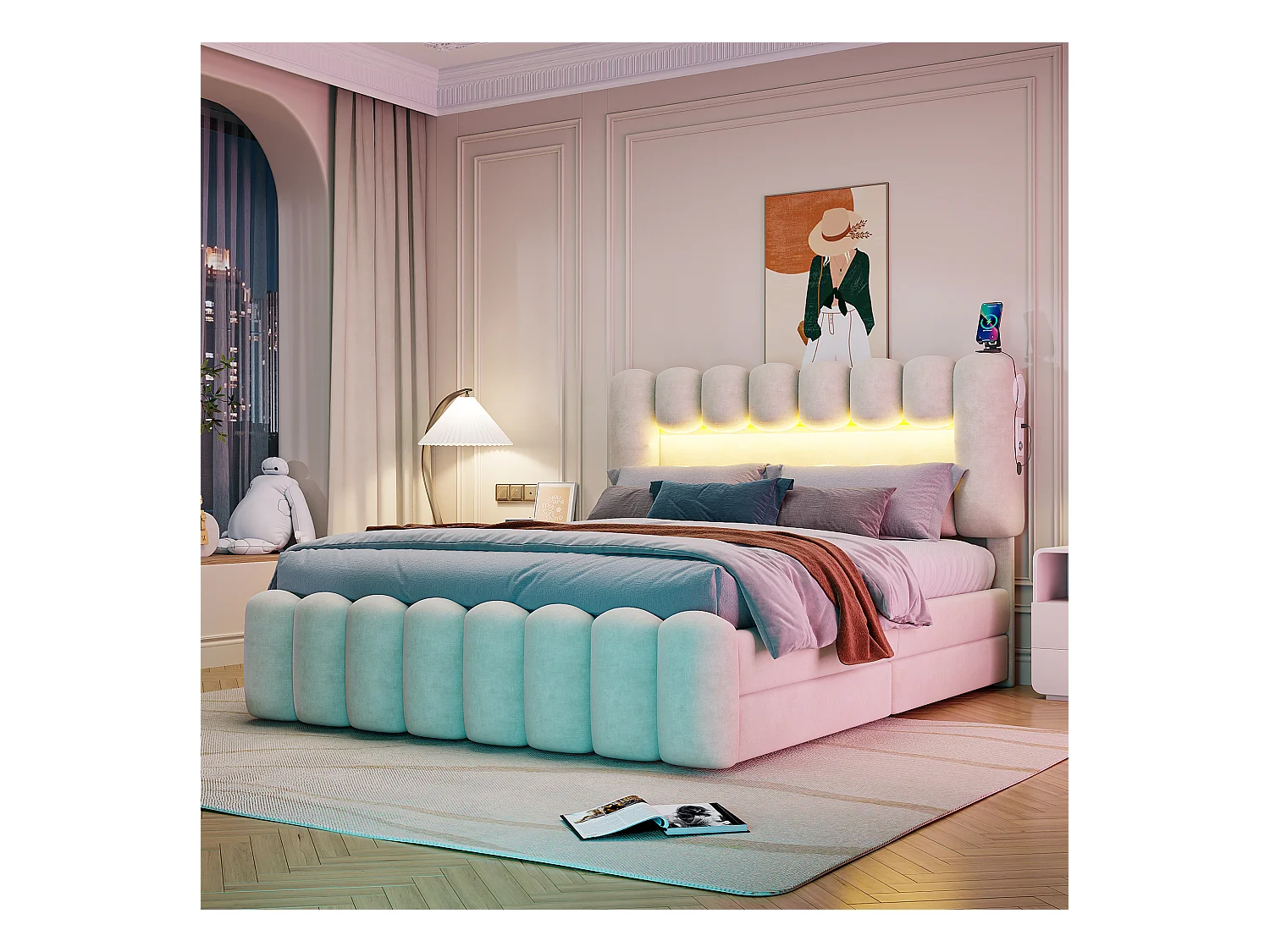 Lit double 160x200 cm, sans matelas, lit rembourré avec 4 tiroirs, LED avec USB et enceinte, Velours Beige