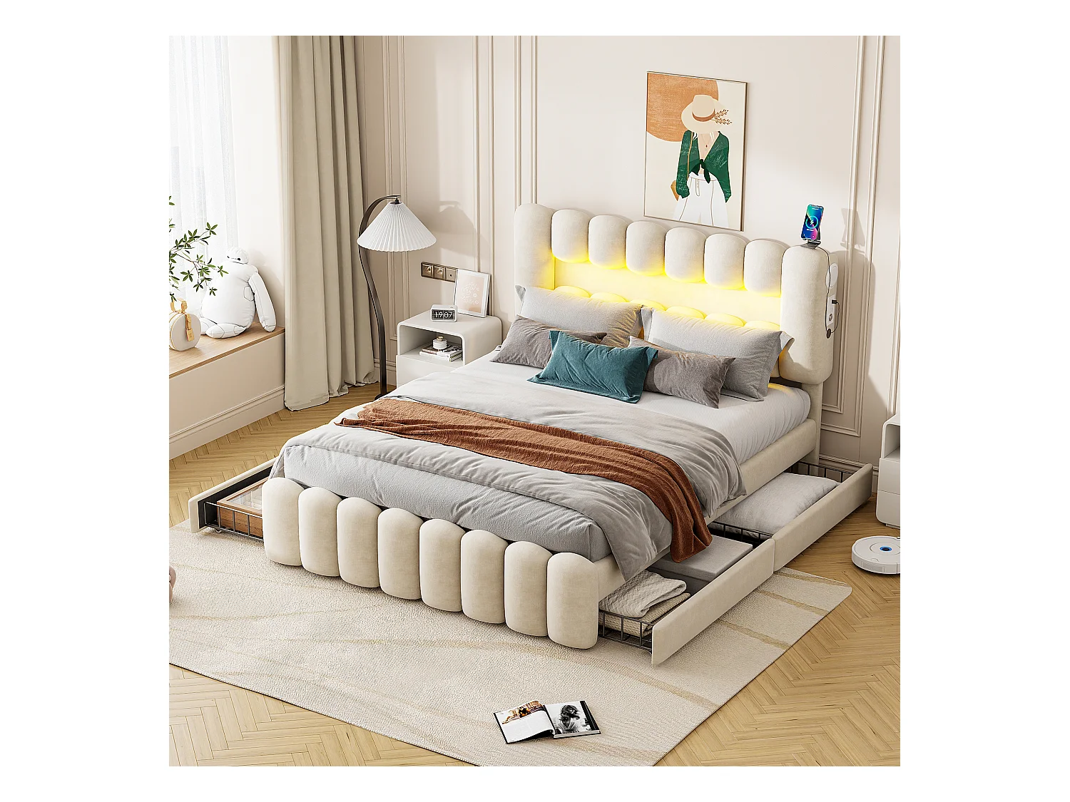 Lit double 160x200 cm, sans matelas, lit rembourré avec 4 tiroirs, LED avec USB et enceinte, Velours Beige