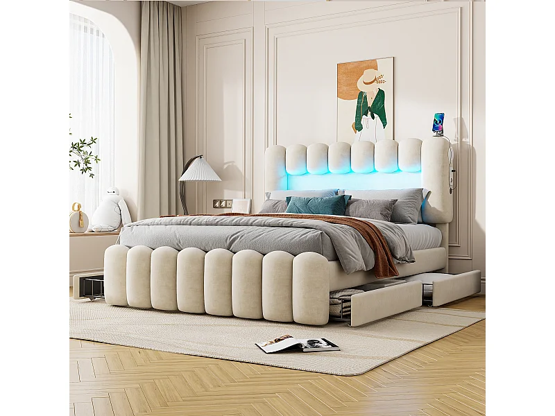 Lit double 160x200 cm, sans matelas, lit rembourré avec 4 tiroirs, LED avec USB et enceinte, Velours Beige