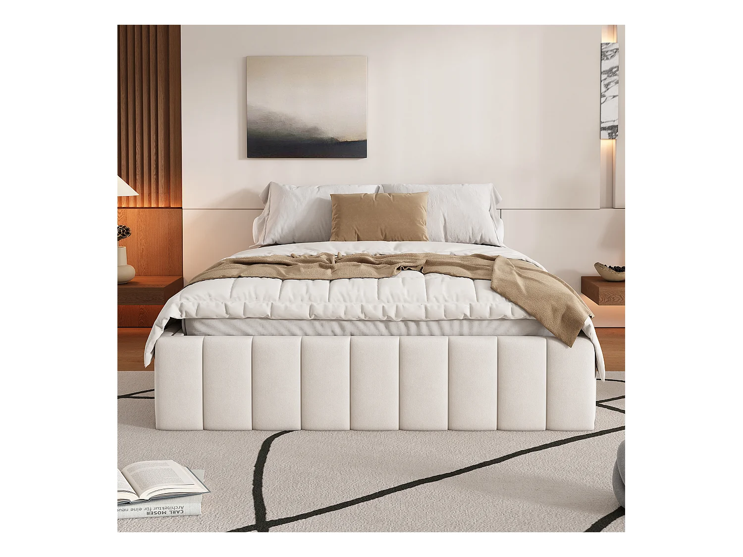 Lit rembourré 140x200 cm sans tête de lit, style minimaliste, structure avec sommier, coloris beige