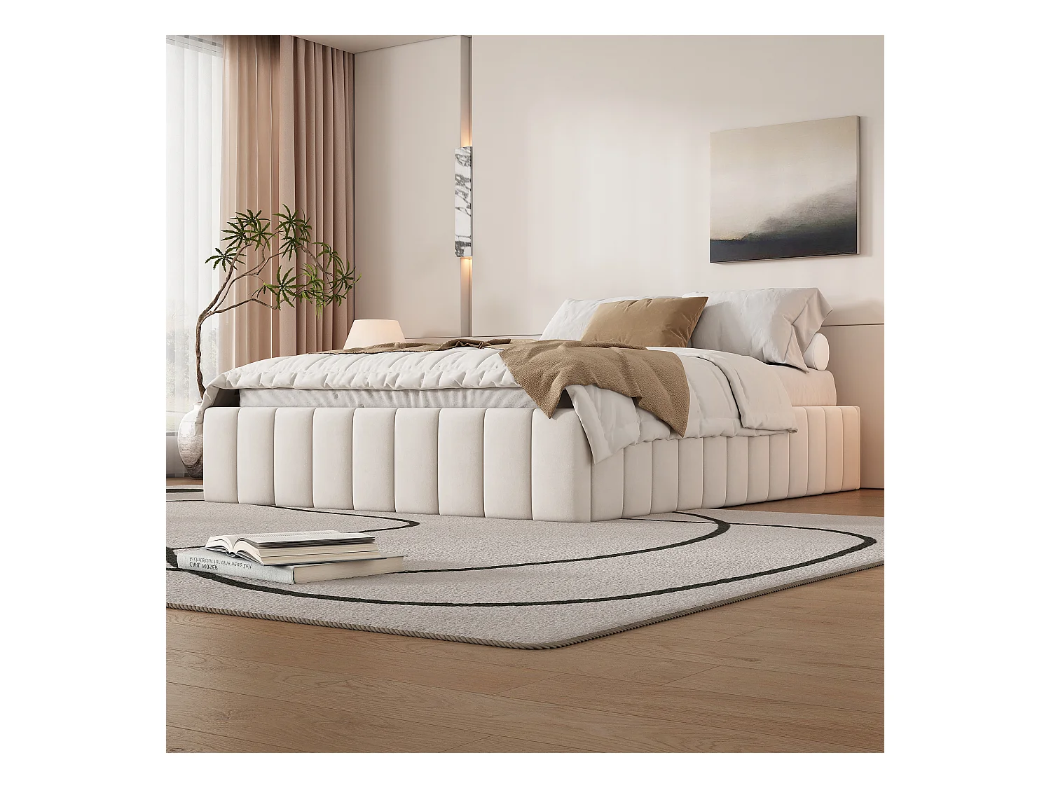 Lit rembourré 140x200 cm sans tête de lit, style minimaliste, structure avec sommier, coloris beige