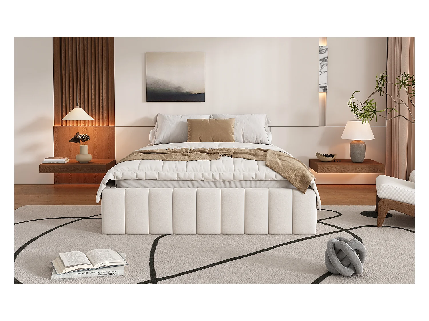 Lit rembourré 140x200 cm sans tête de lit, style minimaliste, structure avec sommier, coloris beige