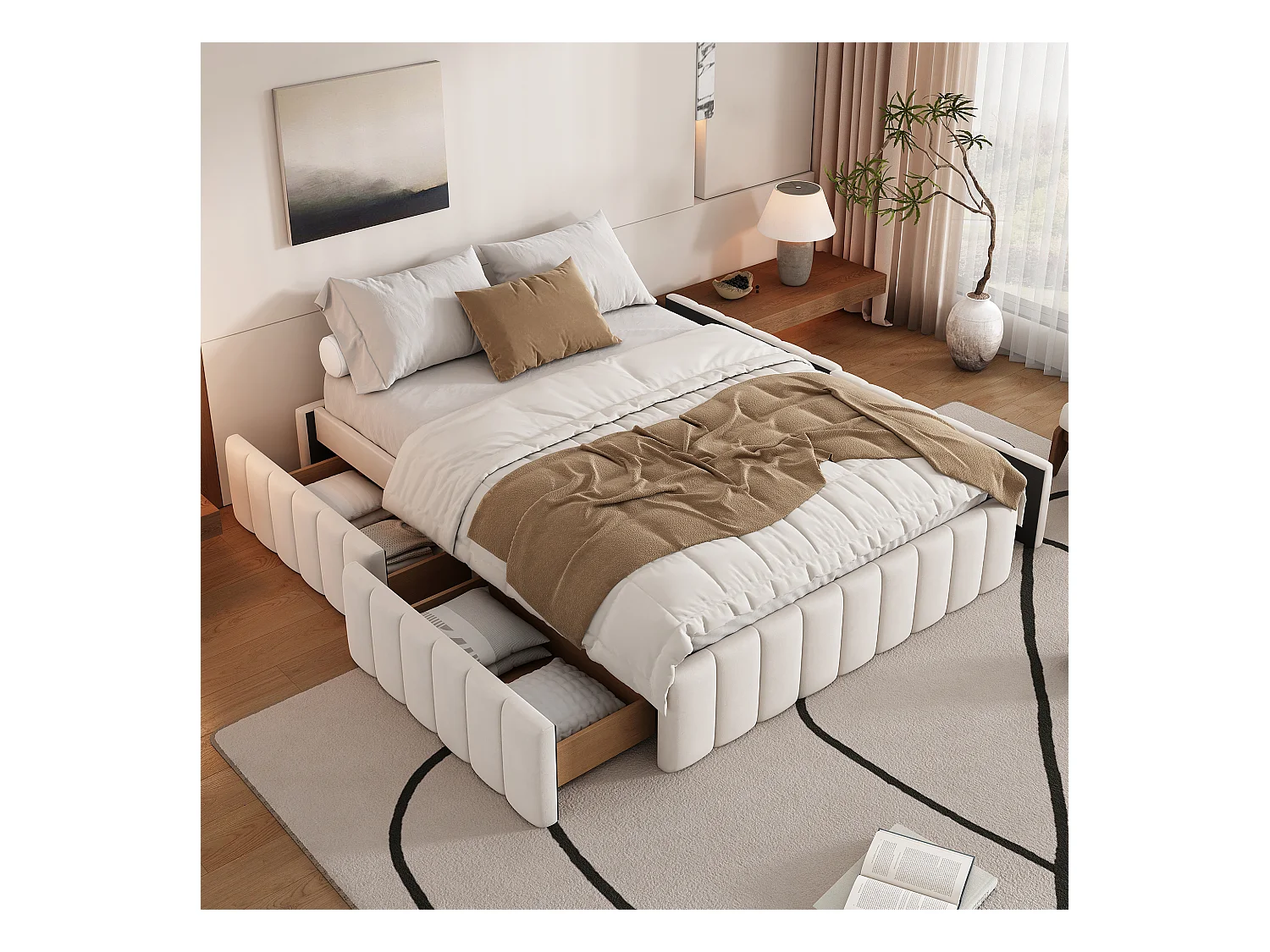 Lit rembourré 140x200 cm sans tête de lit, style minimaliste, structure avec sommier, coloris beige