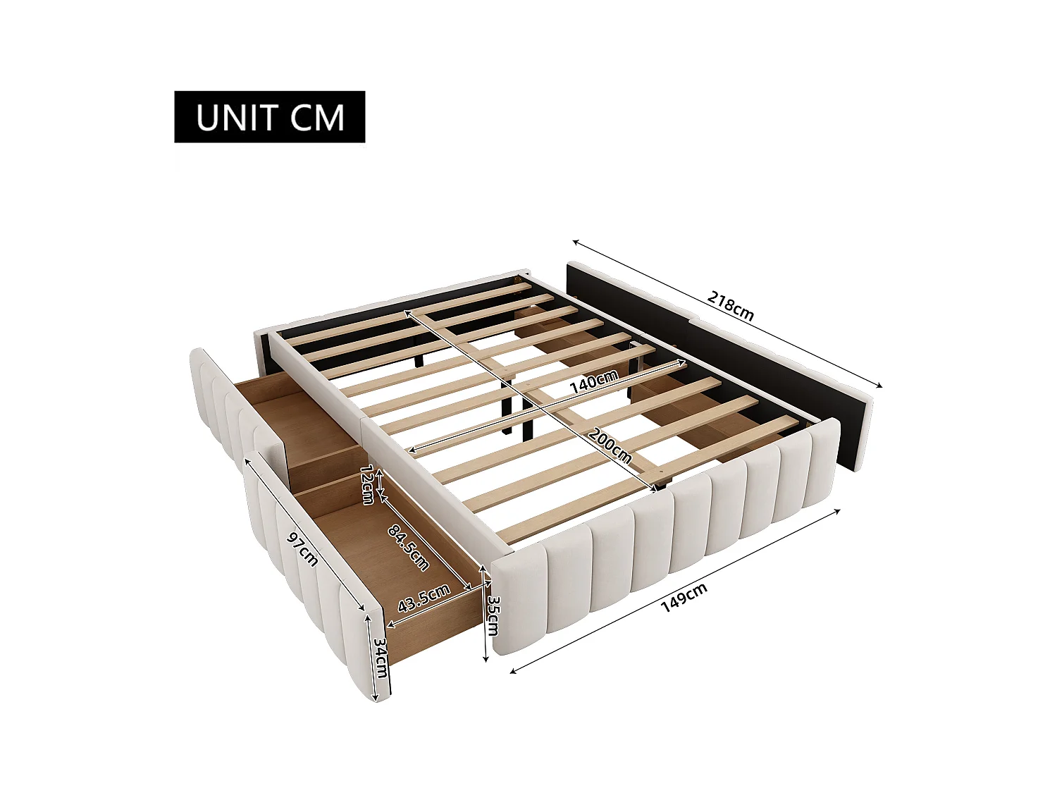 Lit rembourré 140x200 cm sans tête de lit, style minimaliste, structure avec sommier, coloris beige