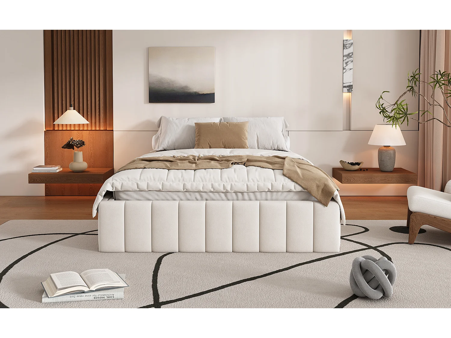 Gestoffeerd bed 140x200 cm zonder hoofdbord, minimalistische stijl, frame met lattenbodem, kleur beige