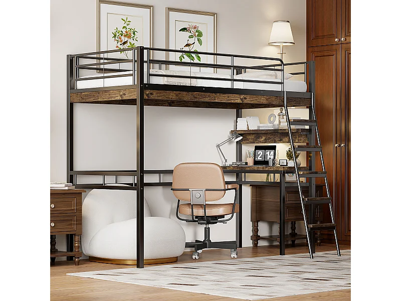 Lit mezzanine 90x200 cm, sans matelas, bureau et étagères, garde-corps et échelle, cadre métal, fonctionnel et sécurisé, Noir