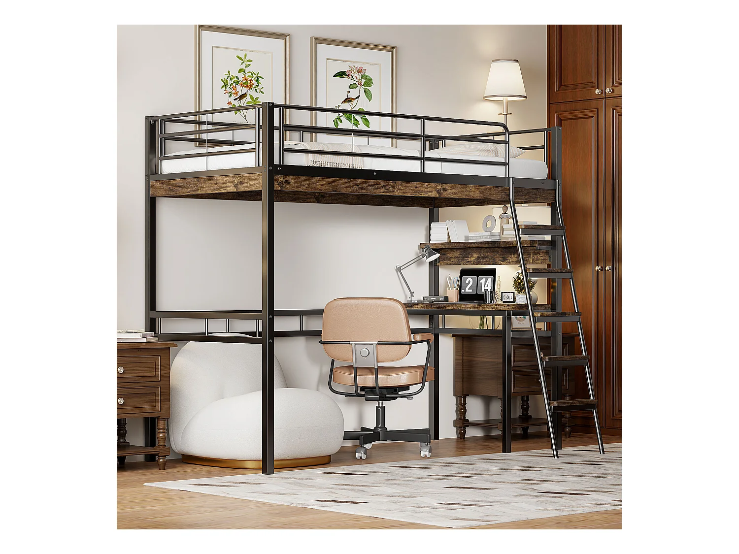 Lit mezzanine 90x200 cm, sans matelas, bureau et étagères, garde-corps et échelle, cadre métal, fonctionnel et sécurisé, Noir