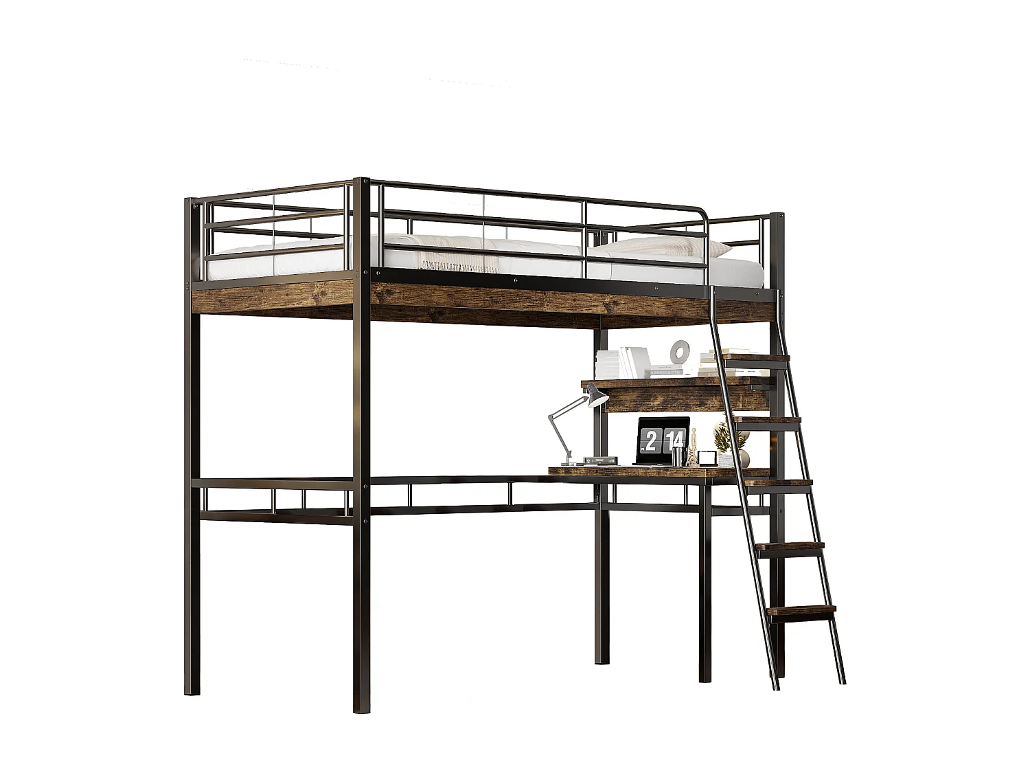 Lit mezzanine 90x200 cm, sans matelas, bureau et étagères, garde-corps et échelle, cadre métal, fonctionnel et sécurisé, Noir