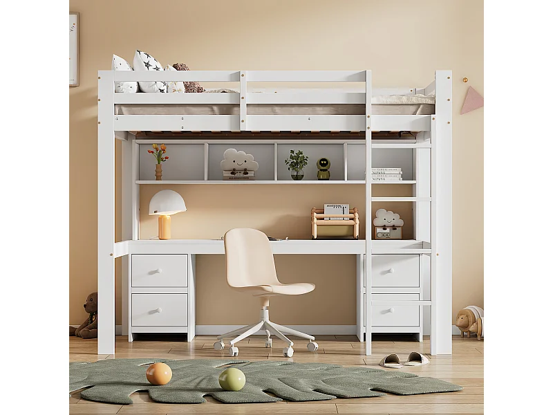 Lit mezzanine 90x200 cm blanc avec bureau intégré, grande capacité de rangement, garde-corps haut et escalier stable