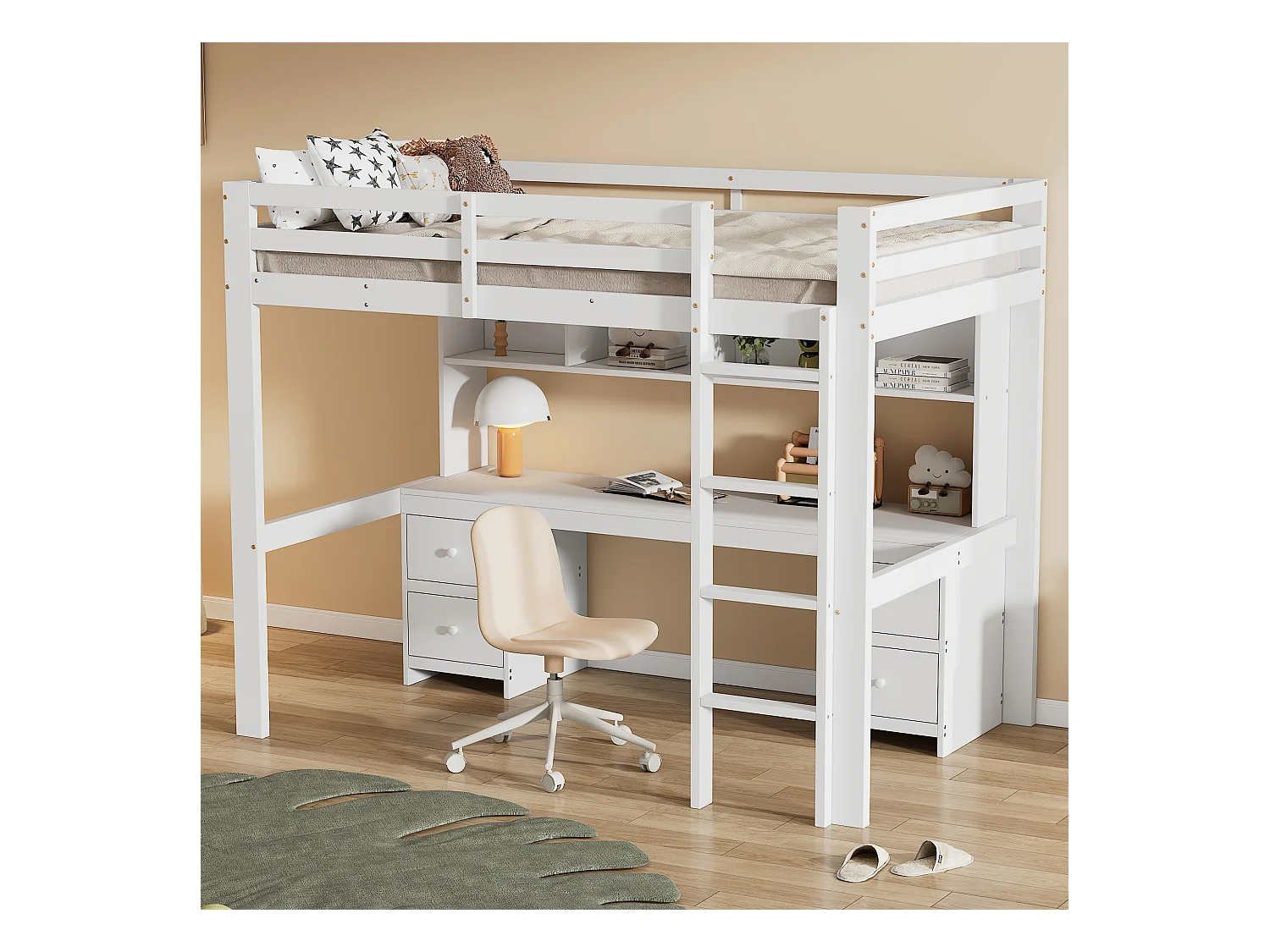 Lit mezzanine 90x200 cm blanc avec bureau intégré, grande capacité de rangement, garde-corps haut et escalier stable