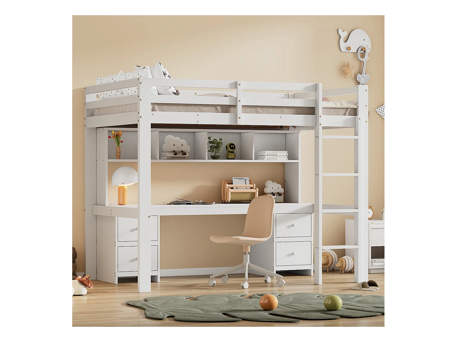 Lit mezzanine 90x200 cm blanc avec bureau intégré, grande capacité de rangement, garde-corps haut et escalier stable