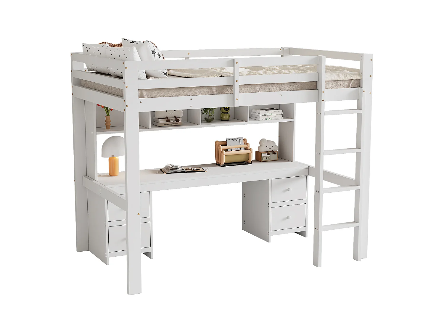 Lit mezzanine 90x200 cm blanc avec bureau intégré, grande capacité de rangement, garde-corps haut et escalier stable