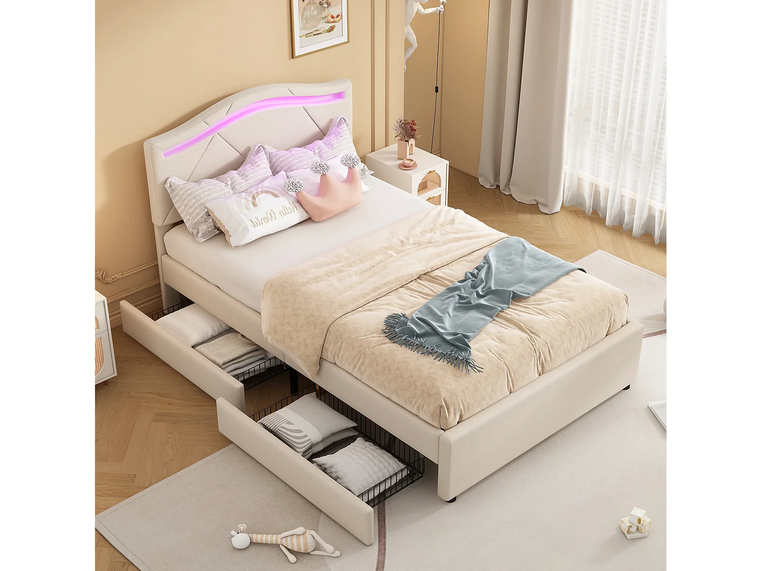 Lit simple 90x200 cm, lit rembourré avec sommier, LED télécommandée, 2 tiroirs, tête réglable, Lin Beige