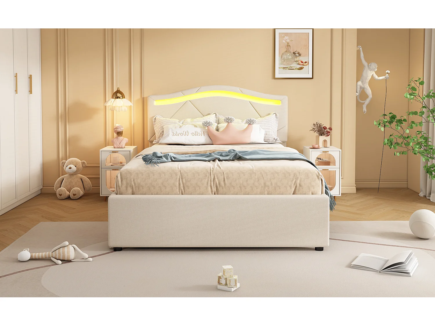 Lit simple 90x200 cm, lit rembourré avec sommier, LED télécommandée, 2 tiroirs, tête réglable, Lin Beige