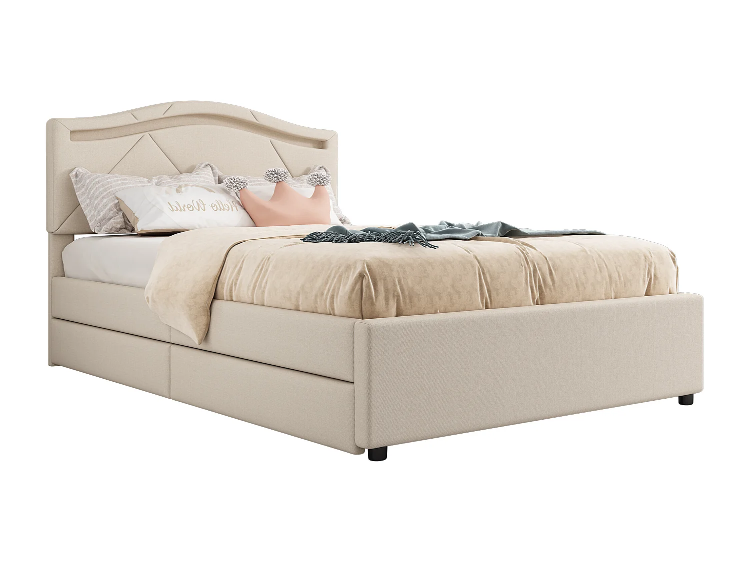 Lit simple 90x200 cm, lit rembourré avec sommier, LED télécommandée, 2 tiroirs, tête réglable, Lin Beige