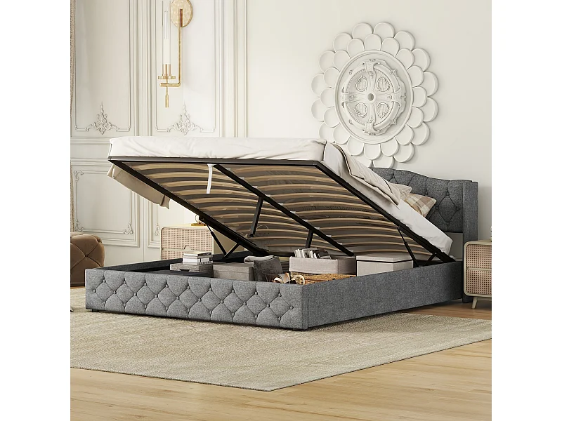 Lit simple 180x200 cm multifonctionnel avec rangement hydraulique, plateforme pratique, espace optimisé, Gris