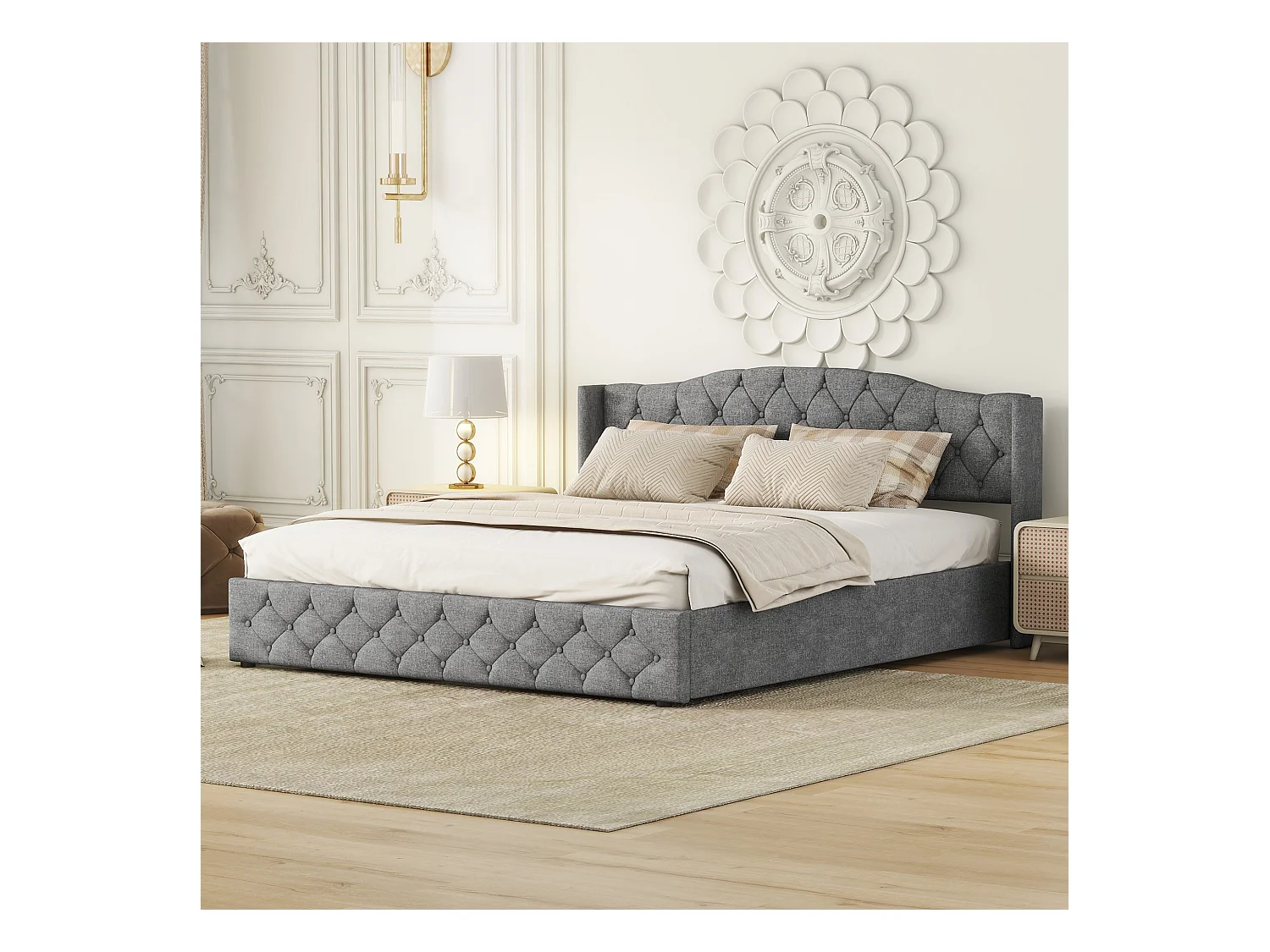 Lit simple 180x200 cm multifonctionnel avec rangement hydraulique, plateforme pratique, espace optimisé, Gris