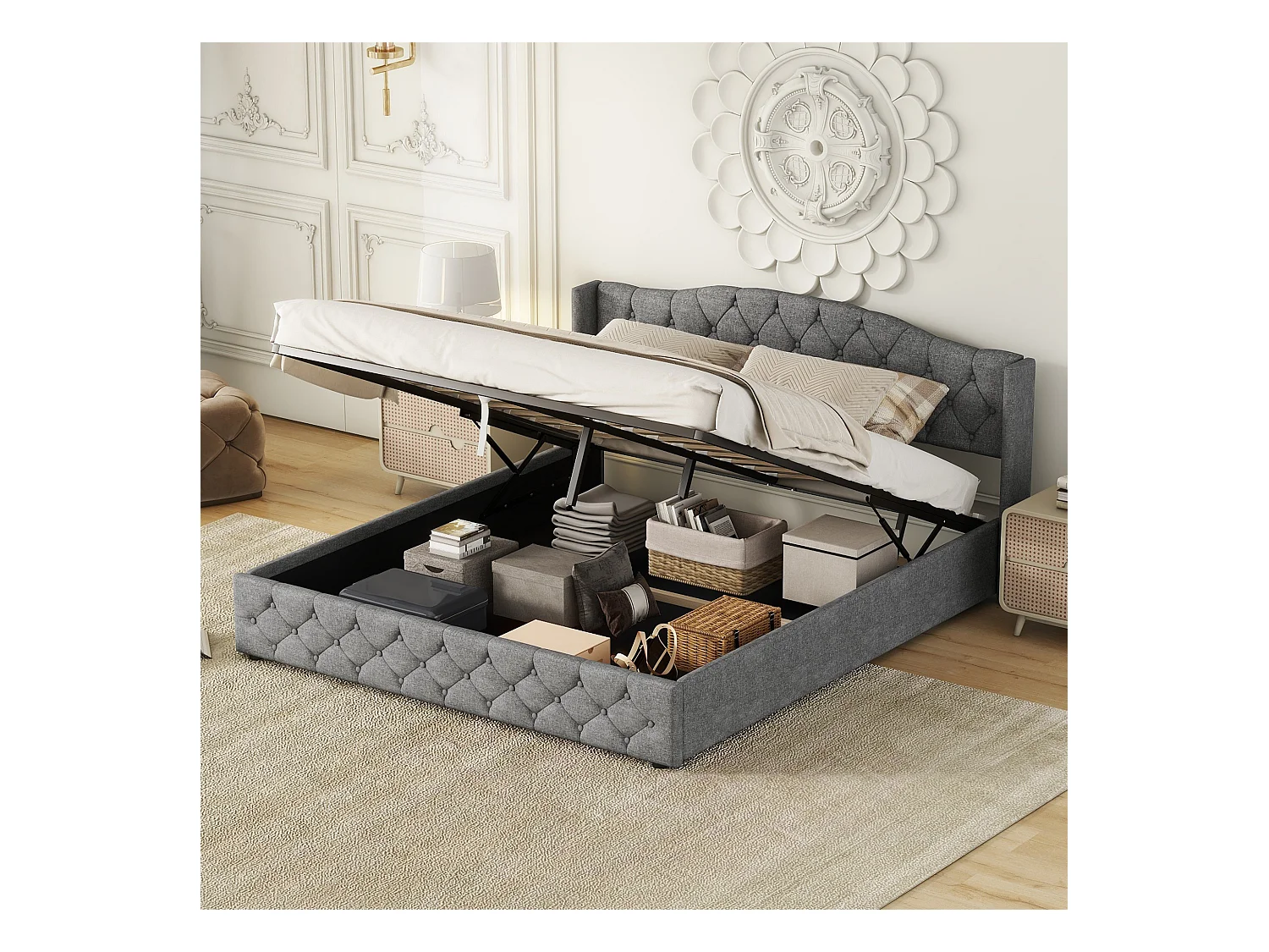 Lit simple 180x200 cm multifonctionnel avec rangement hydraulique, plateforme pratique, espace optimisé, Gris