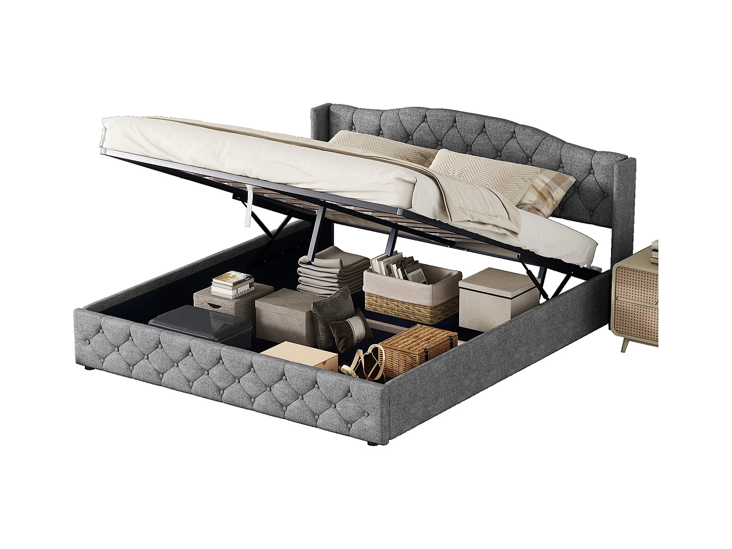 Lit simple 180x200 cm multifonctionnel avec rangement hydraulique, plateforme pratique, espace optimisé, Gris